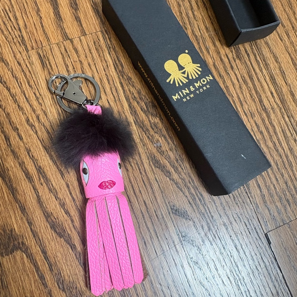 Min & Mon Pink Leather Keychain with Black Fur